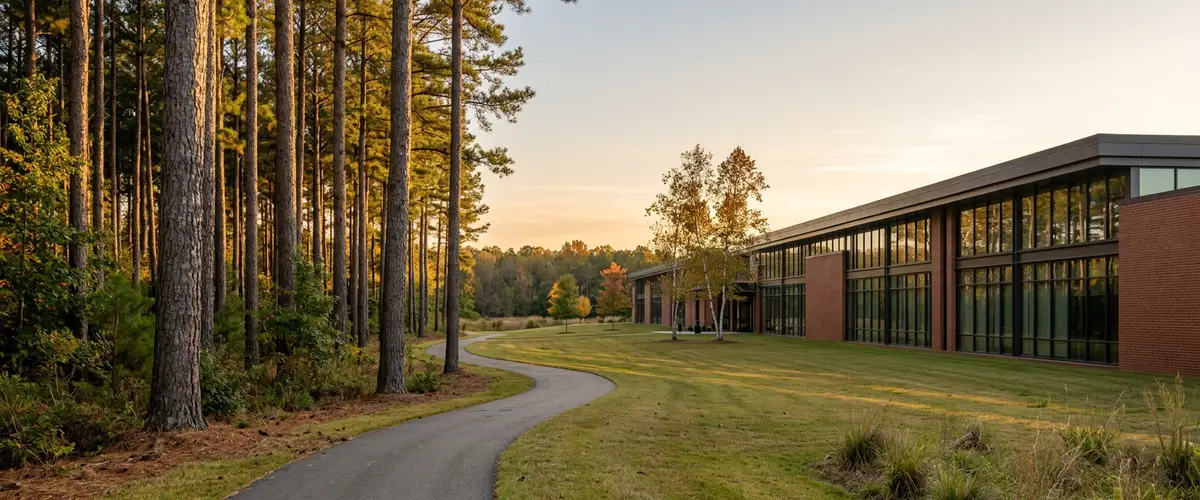 Tall pine trees at the edge of a low-rise brick and glass research campus at golden hour in the Research Triangle