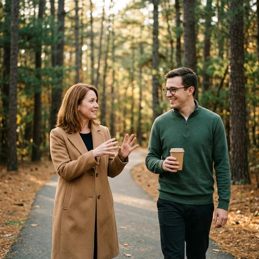KORE1 recruiter talking with a NetSuite administrator candidate on a pine-lined greenway path near Raleigh