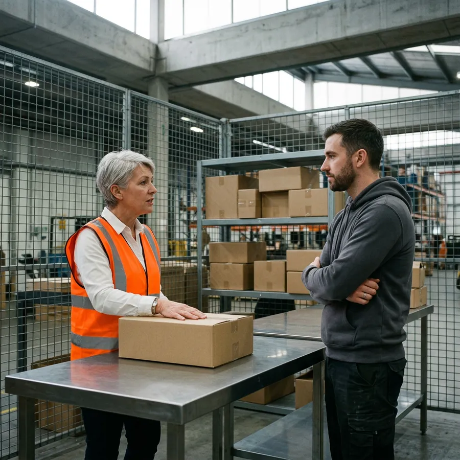 Operations lead and SuiteScript developer standing at a steel table in a caged returns area of a distribution building