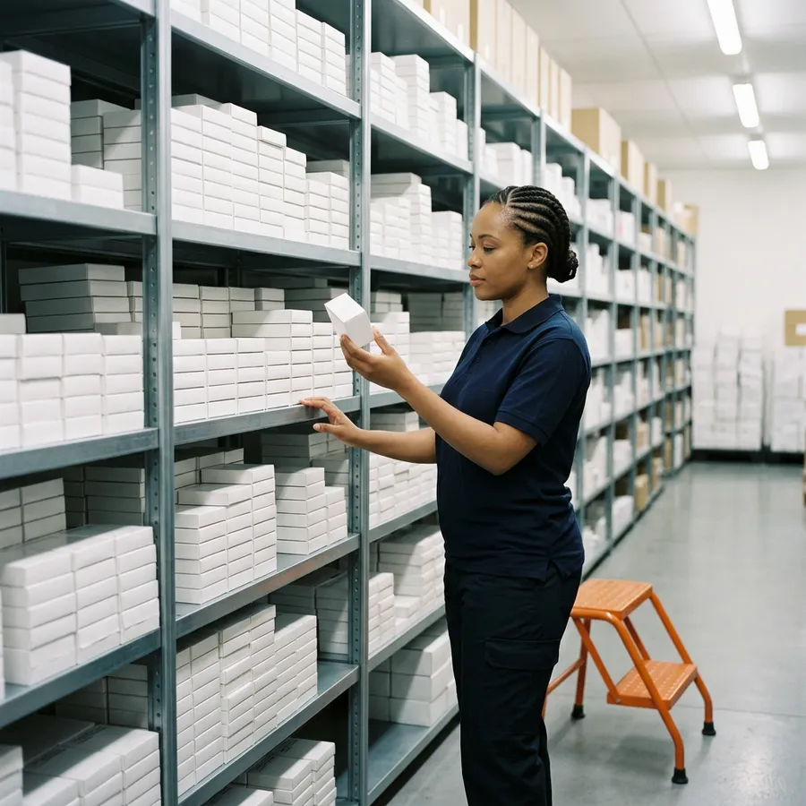 Stockroom associate checking the end panel of a small white medicine carton at a pharmaceutical distributor near Raleigh