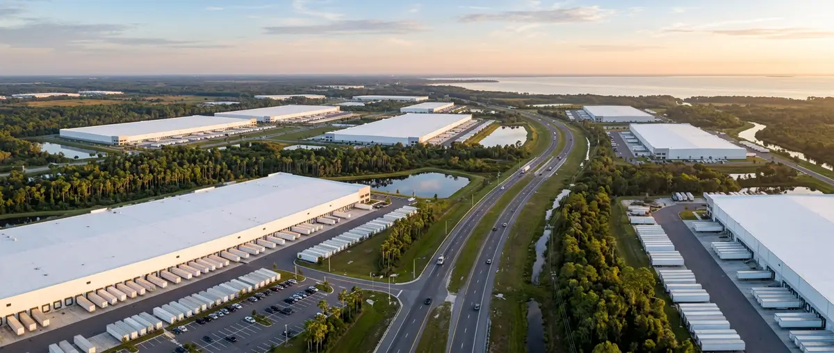 Aerial view of distribution warehouses and truck docks along the I-4 corridor outside Tampa at sunrise