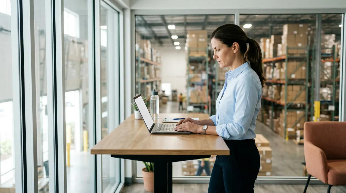 Operations manager reviewing stock levels on a laptop in a Tampa distribution warehouse office