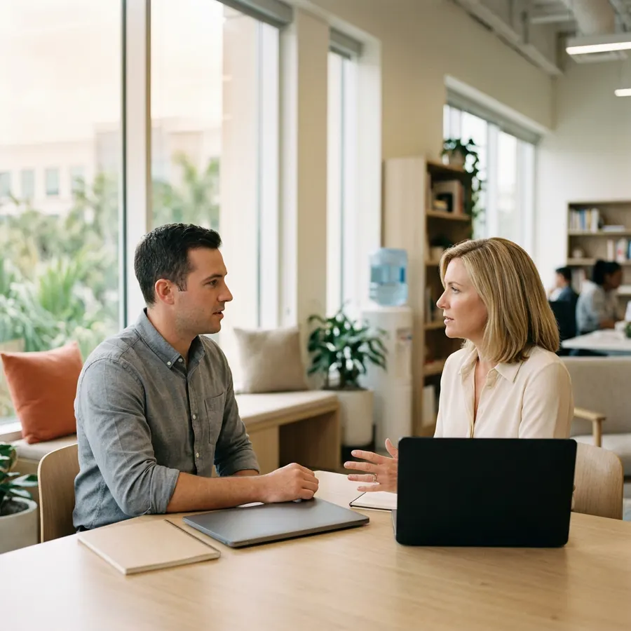 Two KORE1 recruiters reviewing candidate profiles at a table in a bright Tampa office