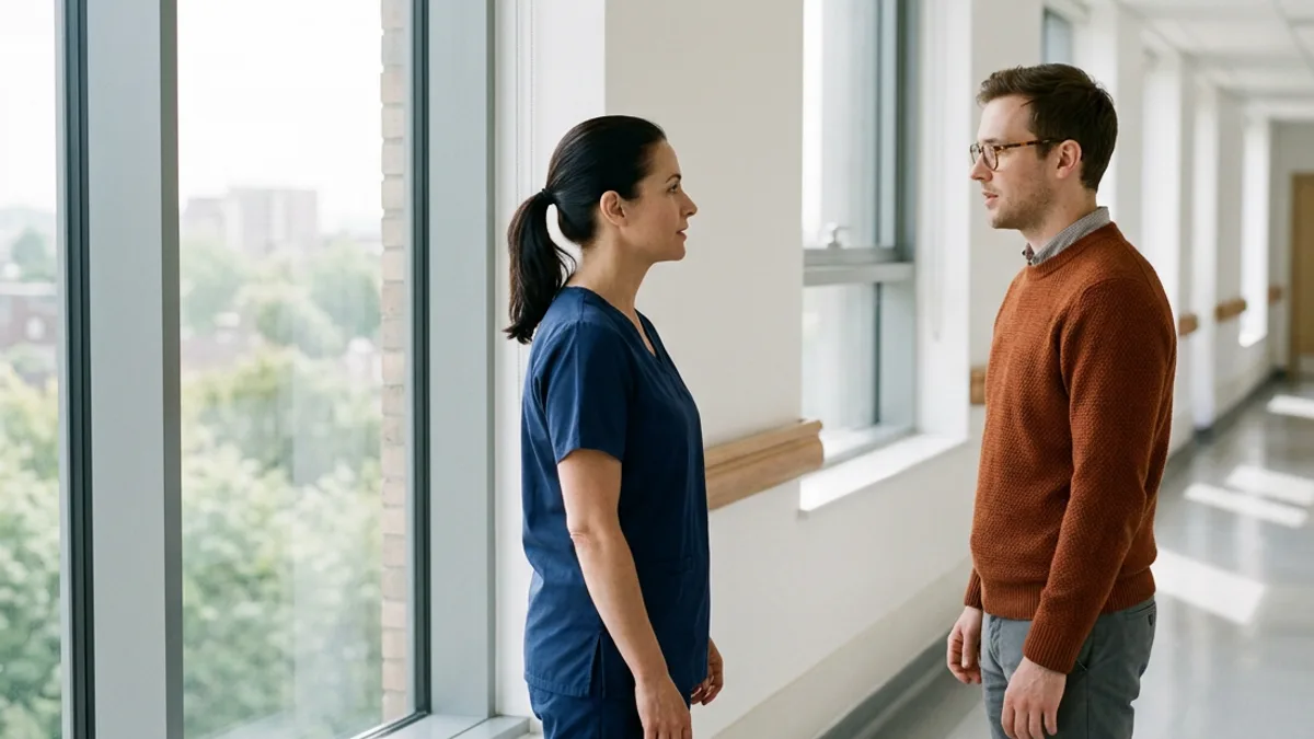 Nurse and data engineer talking in a hospital corridor about de-identifying clinical notes for NLP work