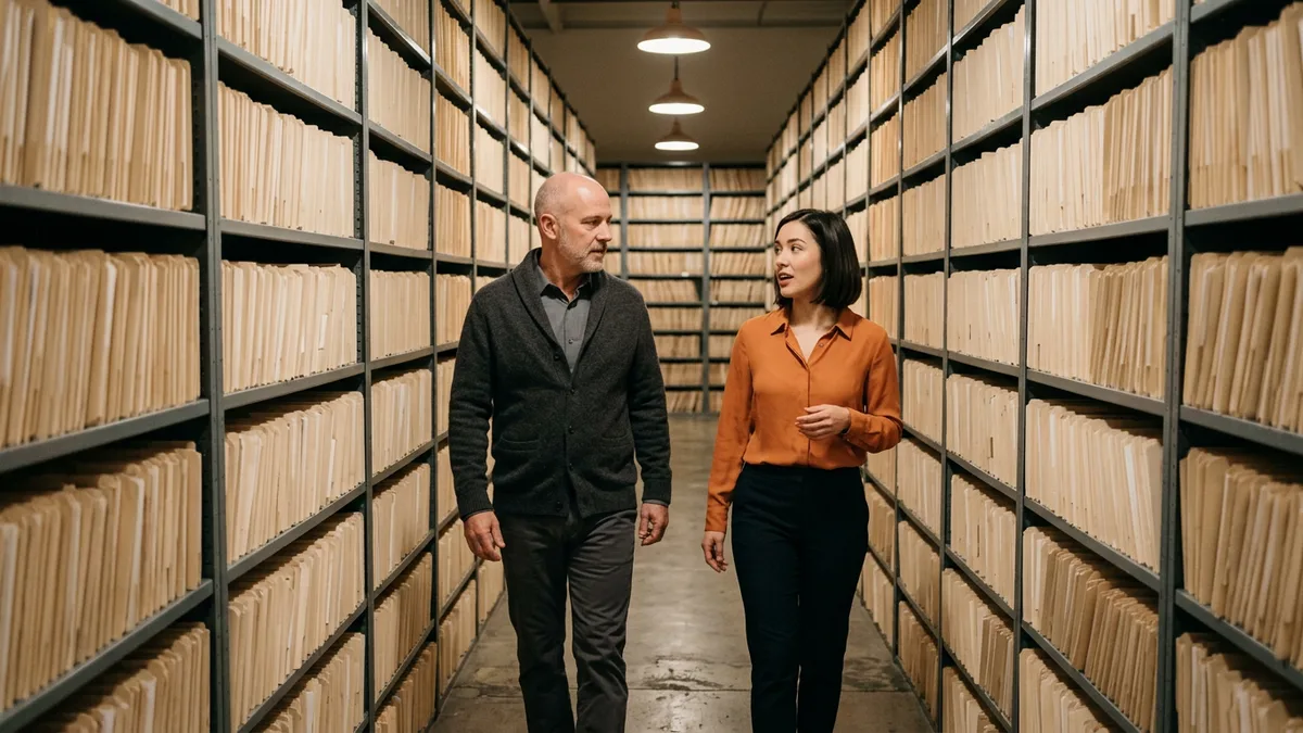 Two claims staff walking an aisle of shelved paper files, the kind of adjuster notes an NLP engineer turns into structured fields
