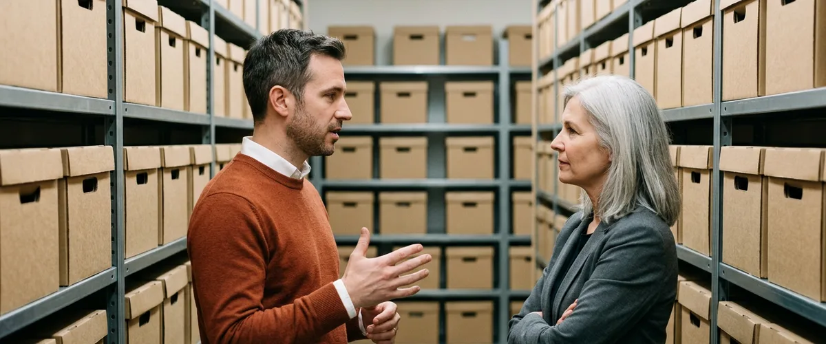 Recruiter and hiring manager talking between shelves of archive boxes while scoping an NLP engineer job description