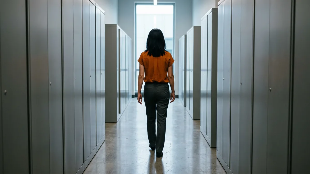 Analyst walking a long records corridor lined with plain grey filing cabinets holding documents awaiting digitization