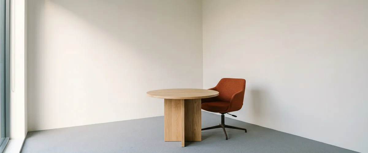 Empty office meeting room at first light with a bare round table and one orange chair, the only artifact a stalled OCR project produced