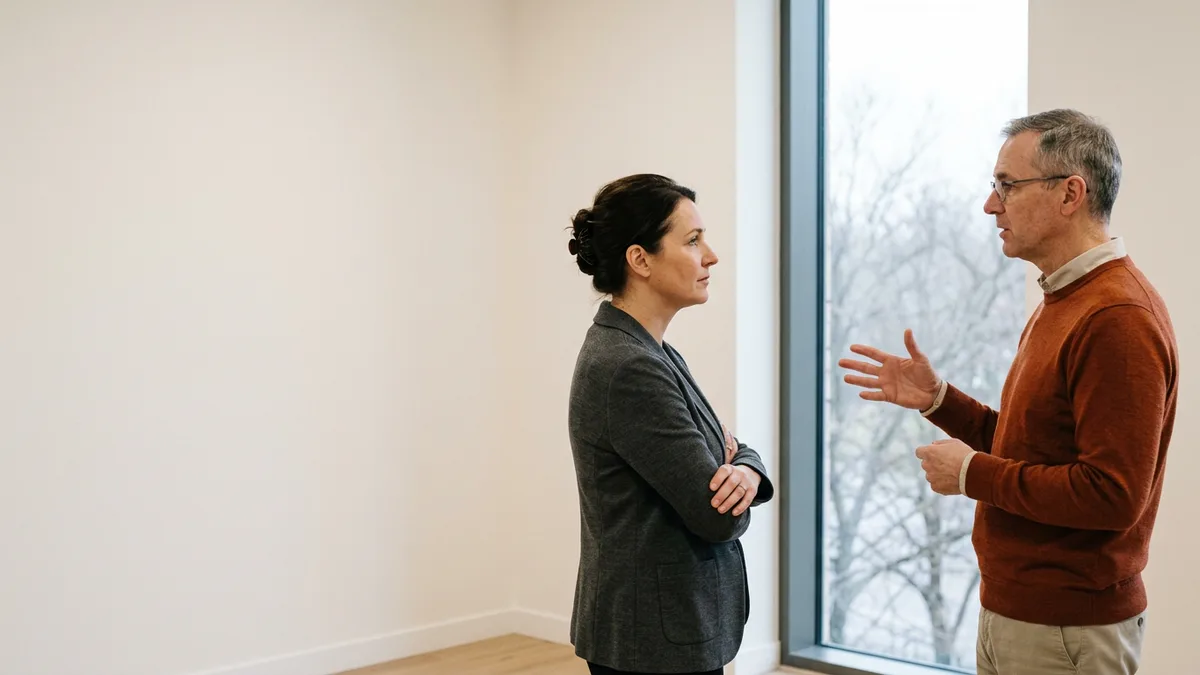 Two operations colleagues standing beside an office window discussing why their OCR project stalled
