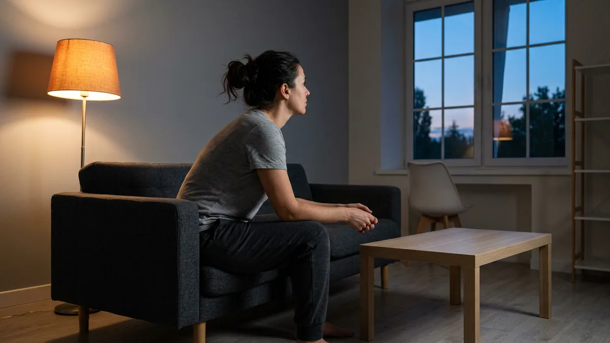 Engineer sitting on the edge of a sofa before dawn beside an orange floor lamp after an overnight on-call page