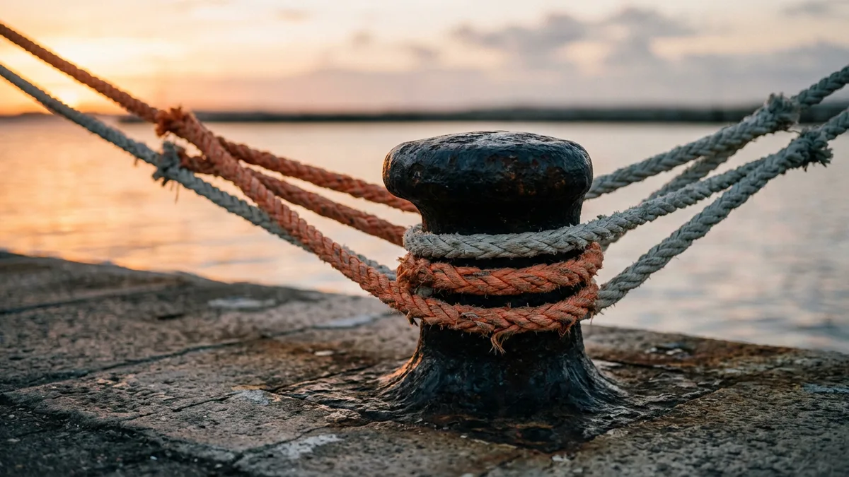 Taut orange and gray mooring ropes converging on a single iron bollard at dusk, like on-call load piling up at the seams between services