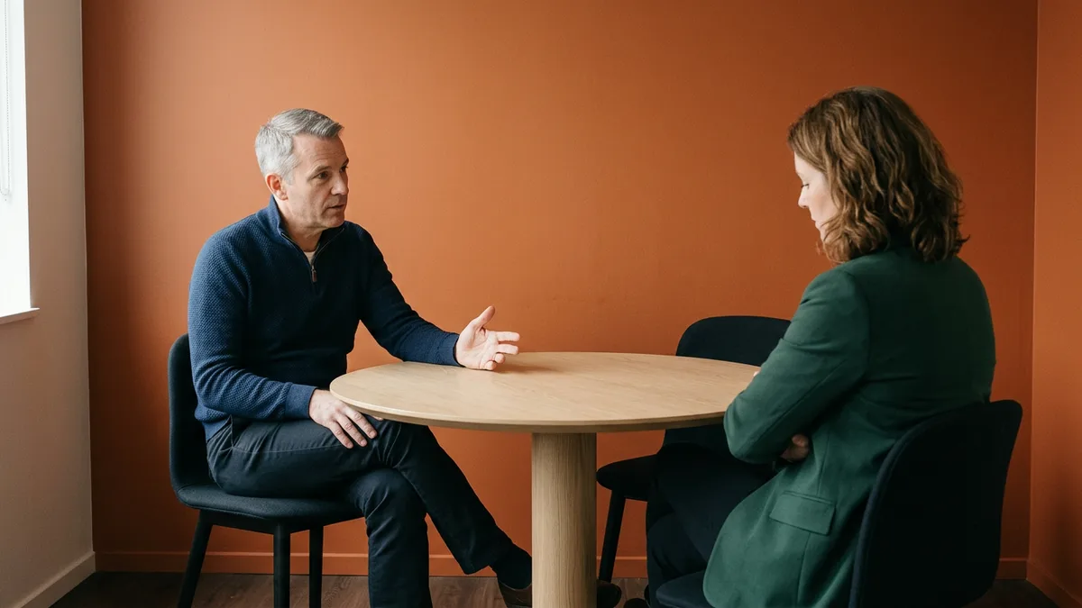 Two engineering leaders talking across a small round table in front of an orange wall about the results of an on-call page audit