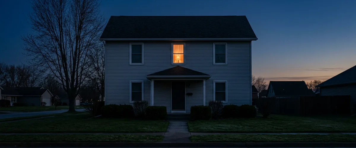 Dark two-story house before dawn with a single upstairs window lit warm orange, suggesting an engineer woken by an on-call page