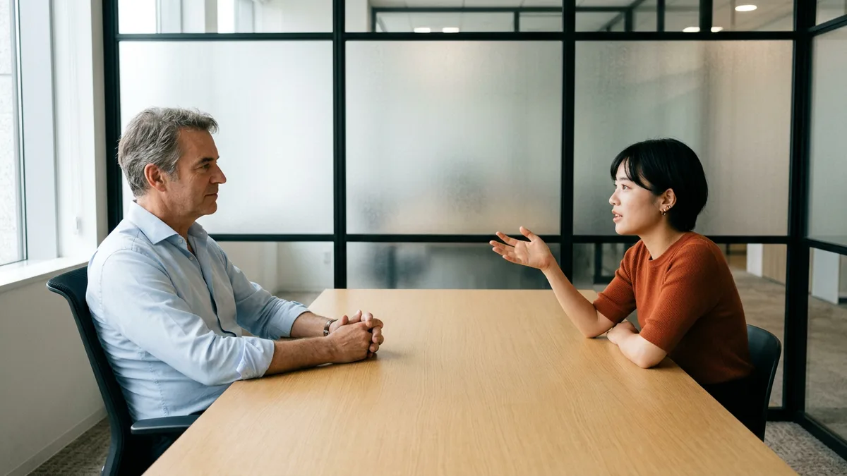 A younger colleague in an orange top asking a question across an empty meeting table while an older colleague with folded hands listens