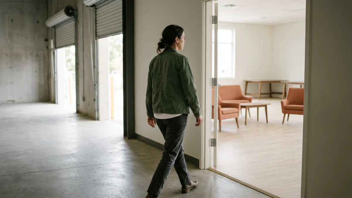 Woman in a green work jacket walking from an empty warehouse loading dock into a bright office, representing an operations professional moving into a marketing role