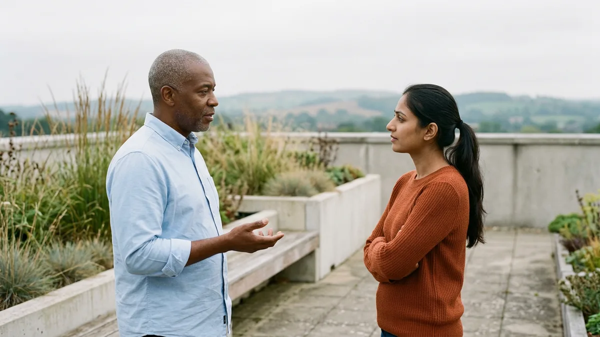 IT director and Oracle DBA on an office rooftop discussing which Oracle Database edition and options the job description should name
