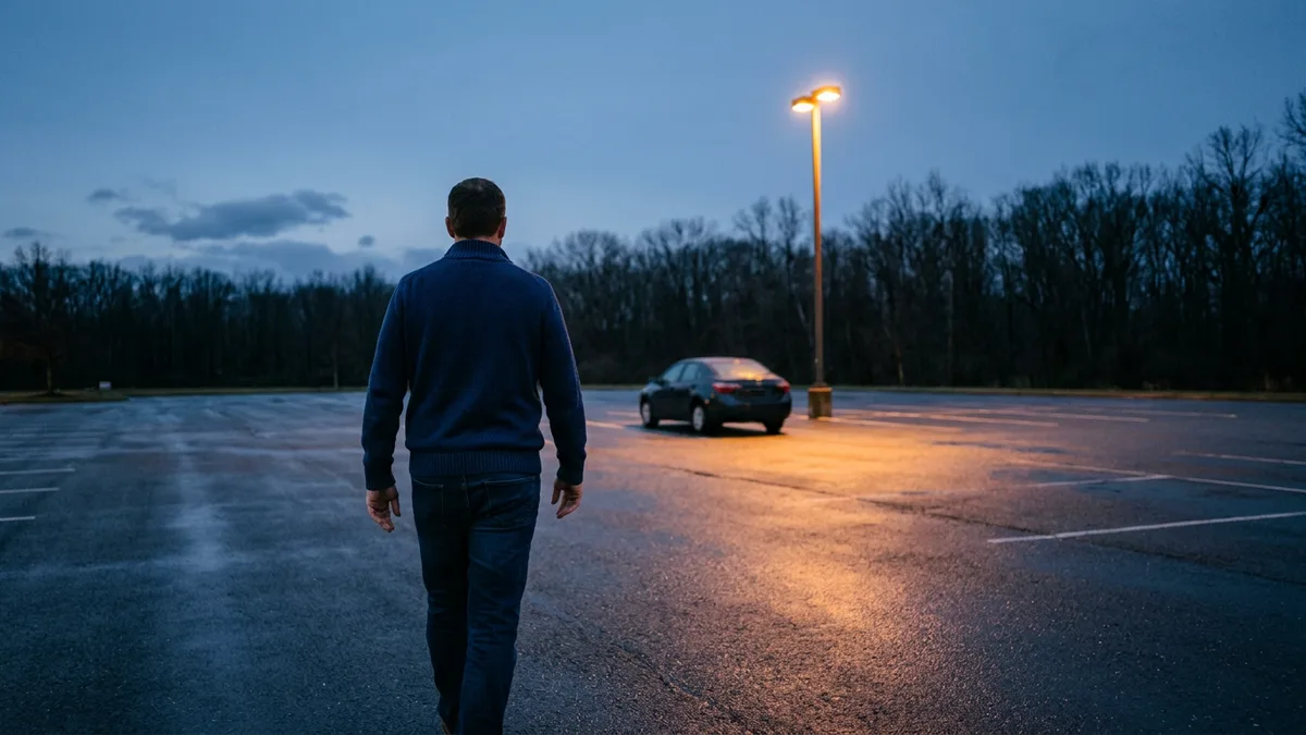 Oracle DBA walking across an empty office parking lot before dawn at the end of an on-call night