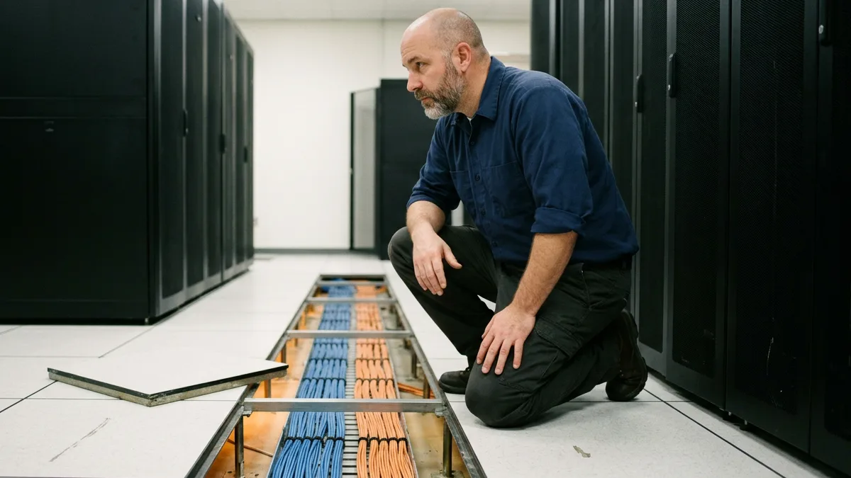 Database engineer kneeling beside an open raised-floor tile in an on-premises server room that hosts Oracle databases