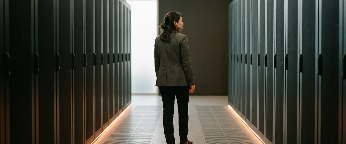 Security professional walking a data hall between server cabinets, illustrating penetration tester interview questions for 2026
