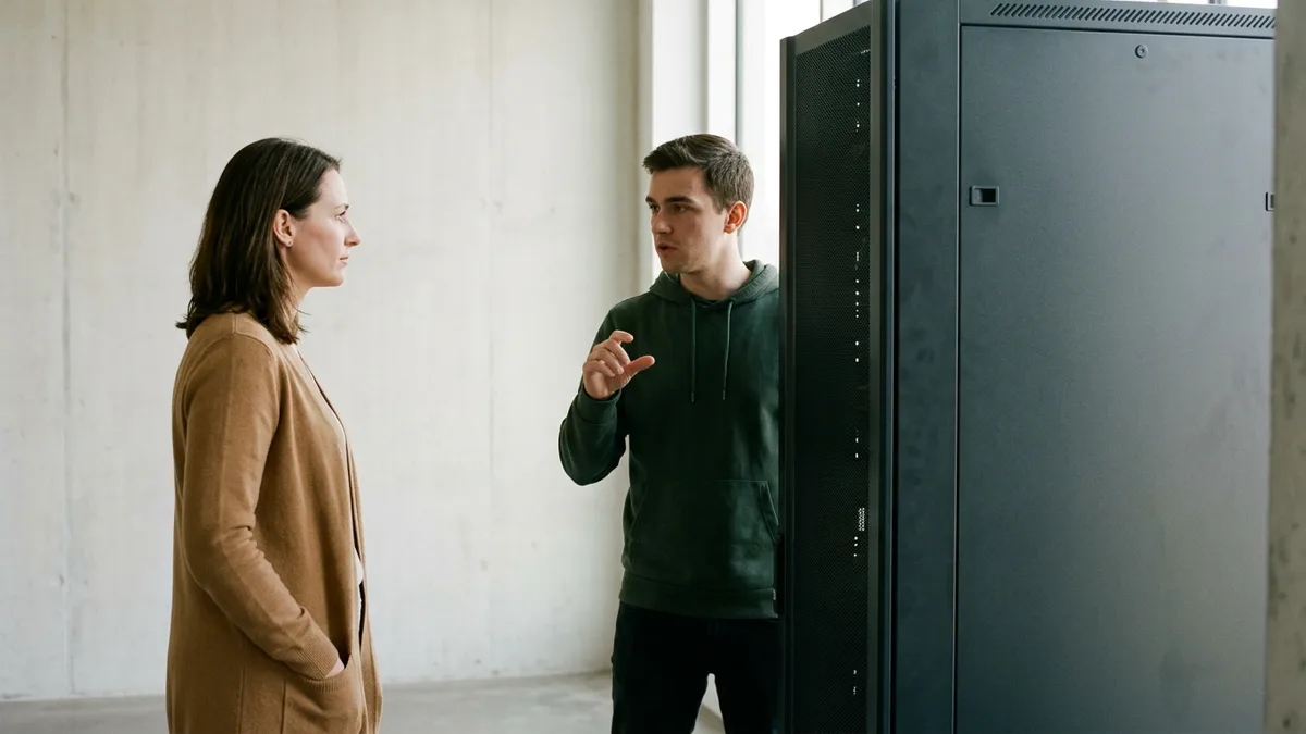Two security engineers discussing a penetration test beside a server rack during a hiring loop