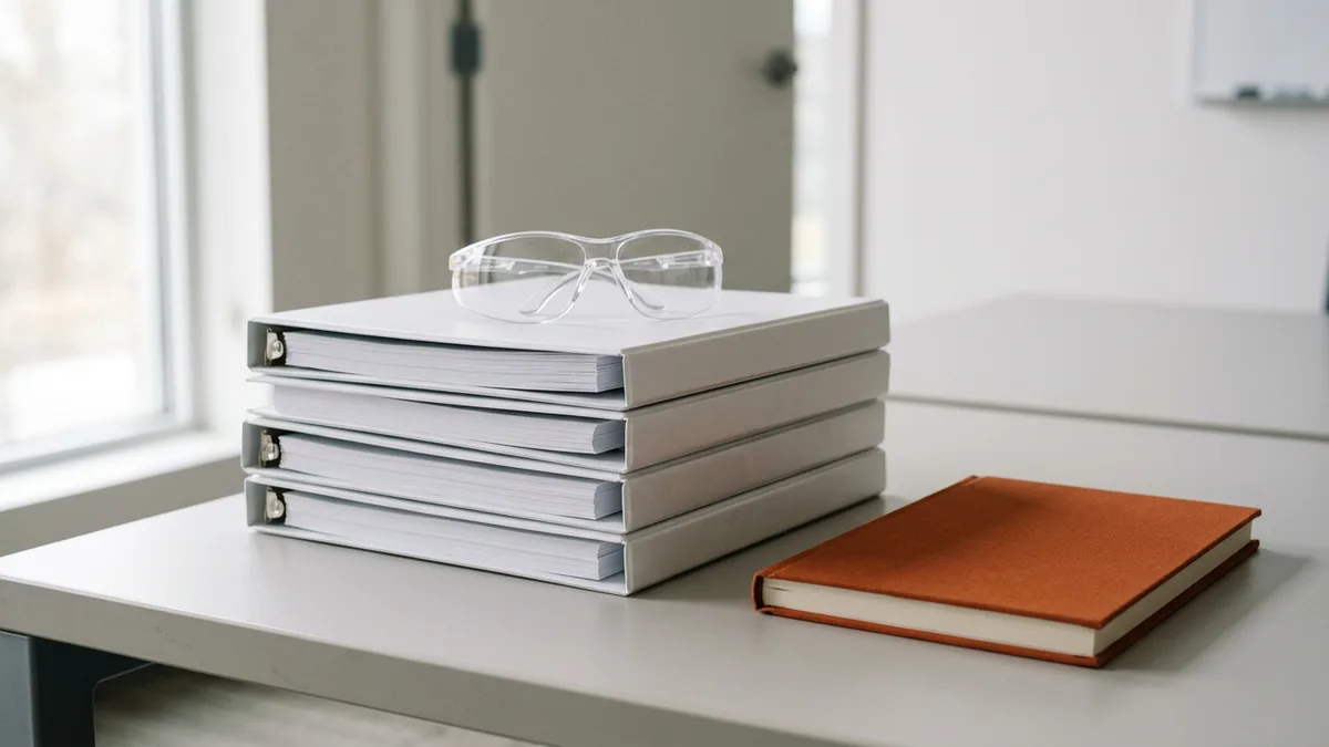 Stack of white ring binders with clear safety glasses on top beside an orange notebook on an office desk