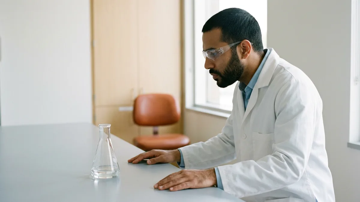 Pharmaceutical QC chemist in safety glasses examining a clear flask at a quality control lab bench
