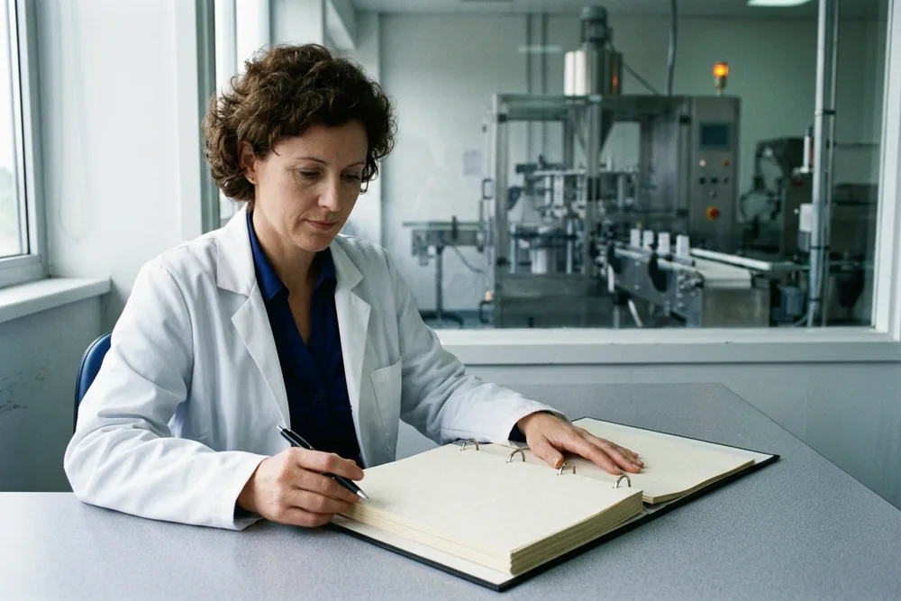 Pharmaceutical quality assurance reviewer in a white lab coat at a desk with an open ring binder and a pen, a blurred stainless steel packaging line visible through the window behind her