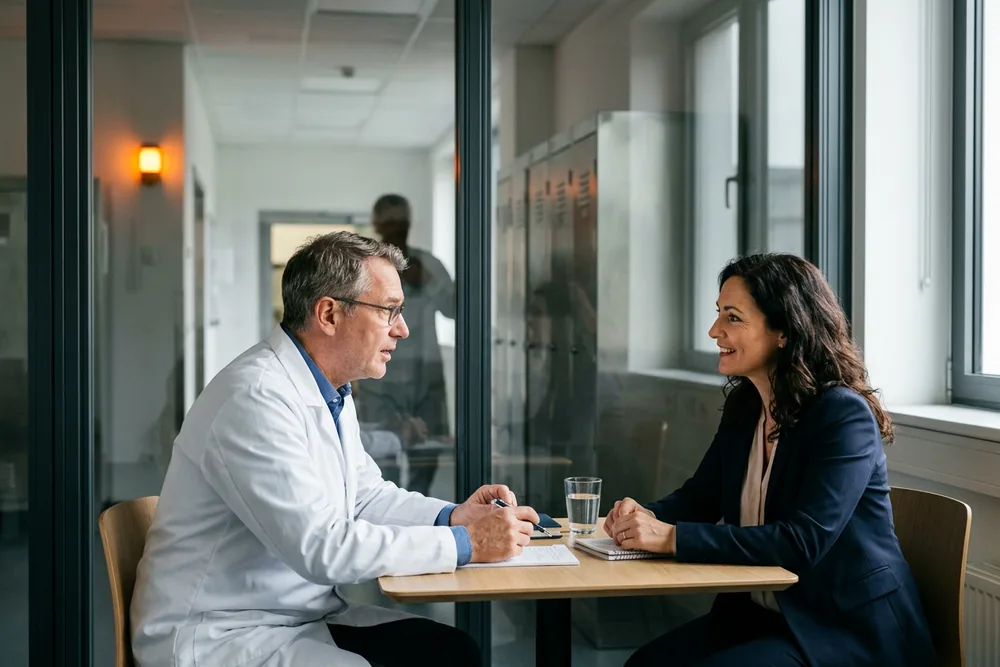 A pharmaceutical hiring manager in a white lab coat and a recruiter in a dark blazer talking across a small table in a glass walled meeting room, gowning corridor blurred behind them