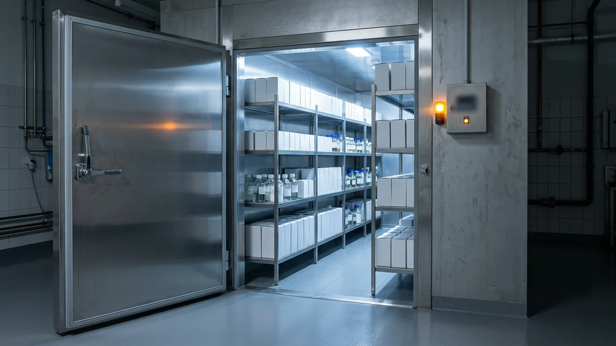 Open walk-in stability chamber in a pharmaceutical facility with stainless steel racks holding rows of plain cartons and glass bottles under cool white light