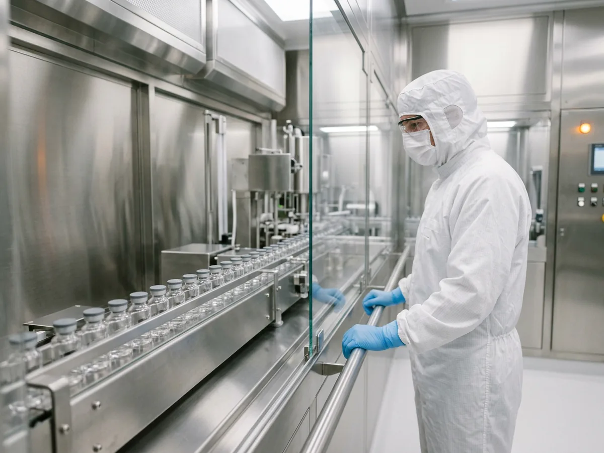 Gowned pharmaceutical operator in a cleanroom coverall and blue gloves standing at the glass barrier of a vial filling line, unlabeled glass vials moving along a stainless steel conveyor