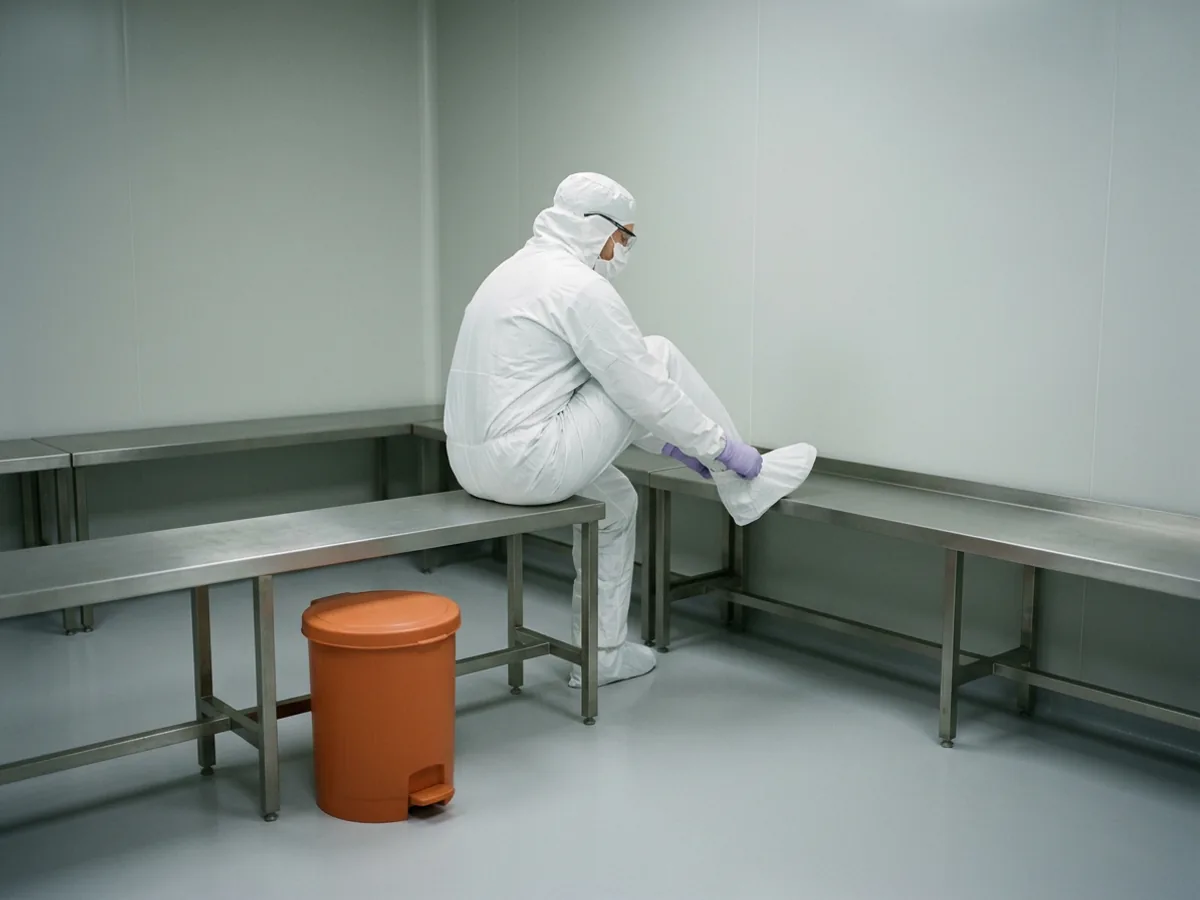 Cleanroom technician in a white hooded coverall and purple gloves pulling on a boot cover at a stainless gowning bench beside an orange bin