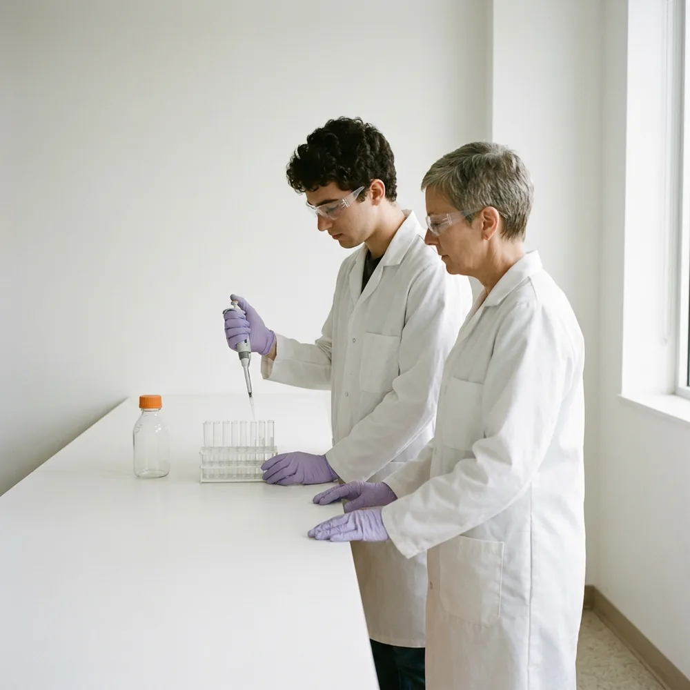 Experienced analyst watching a younger analyst hold a manual pipette over a rack of test tubes at a white lab bench