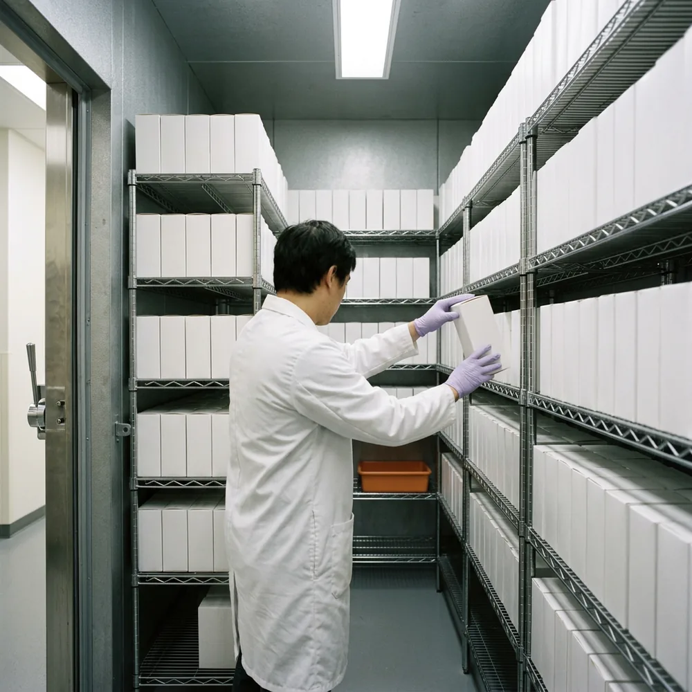 Lab technician in a white coat and purple gloves sliding a blank white carton onto the wire shelving of a walk-in stability storage room