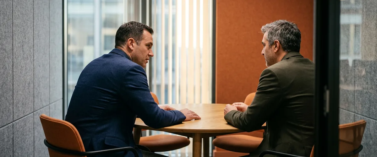 Two engineering leaders sitting across a small meeting room table talking through an incident review