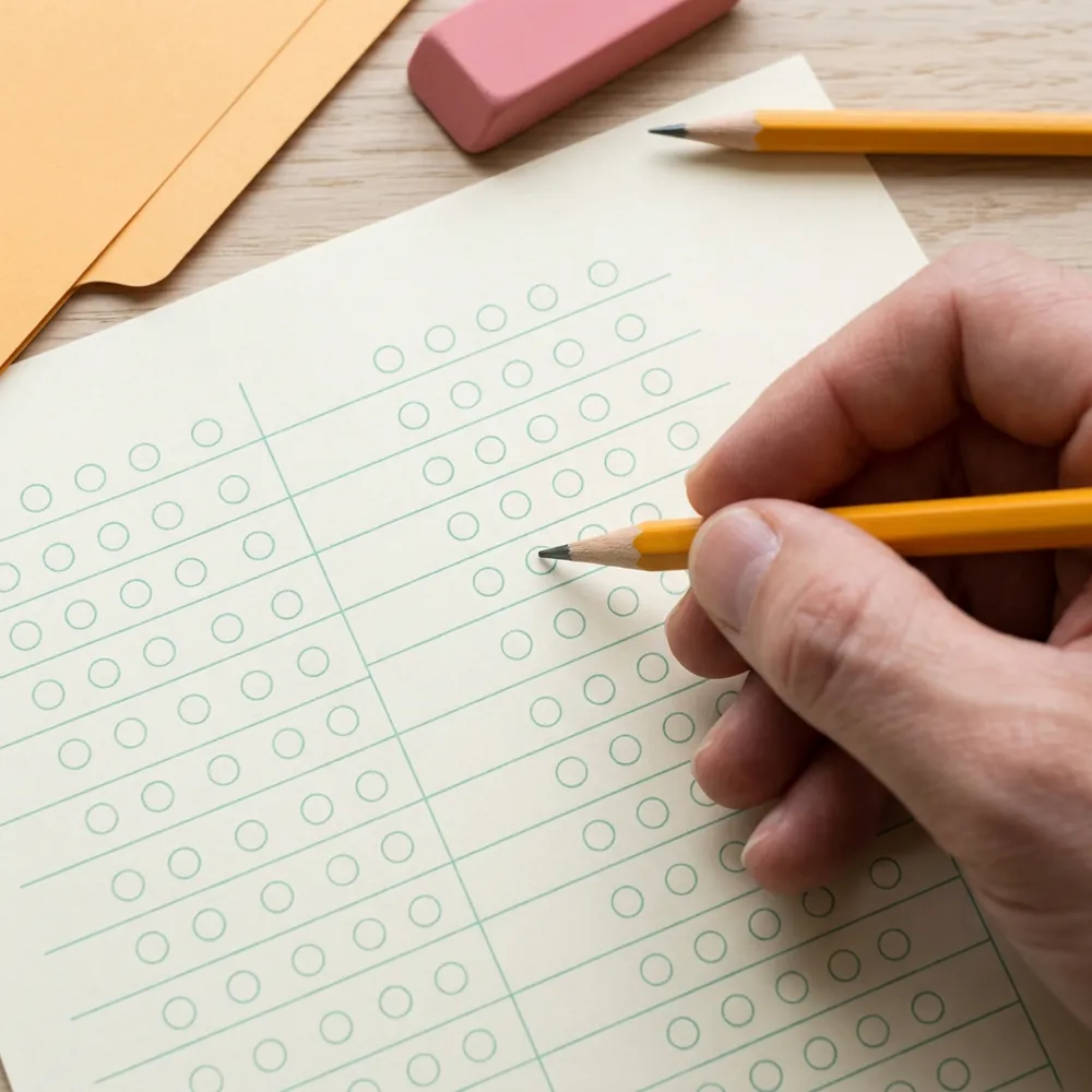 Hand holding a pencil over an unfilled survey answer sheet printed in pale green dropout ink