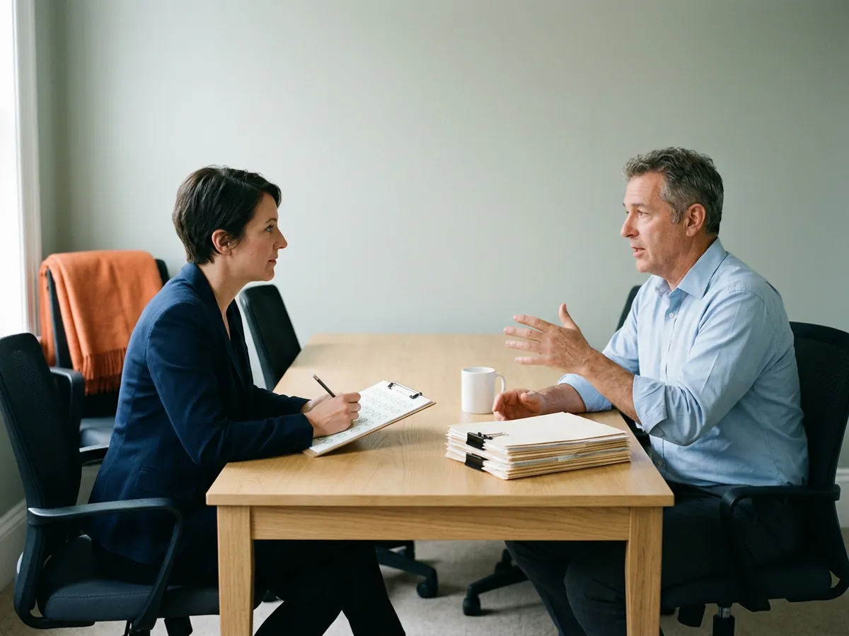 Researcher taking notes on a blank answer sheet while a private credit operations executive explains last month’s close during an AI readiness benchmark interview