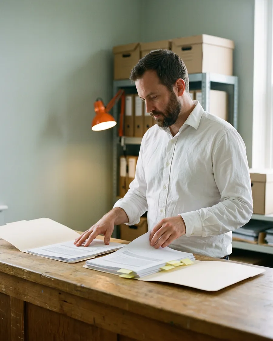 Head of portfolio operations sorting printed borrower files in manila folders at a private credit fund