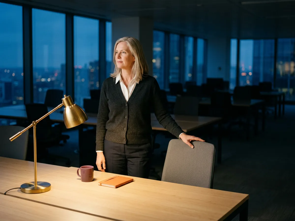 Head of portfolio operations standing beside the only lit desk on an empty office floor late in a month-end close