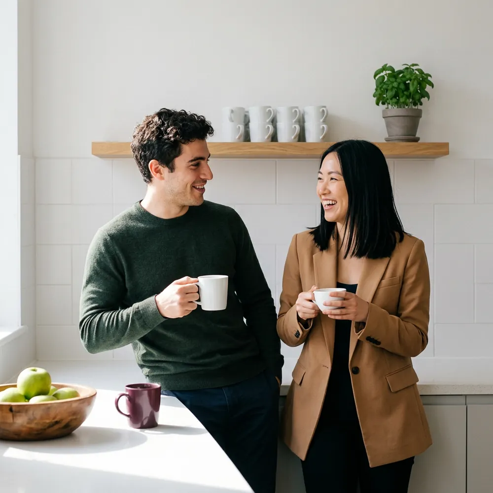 Data engineer and credit analyst laughing over coffee at an office kitchen counter