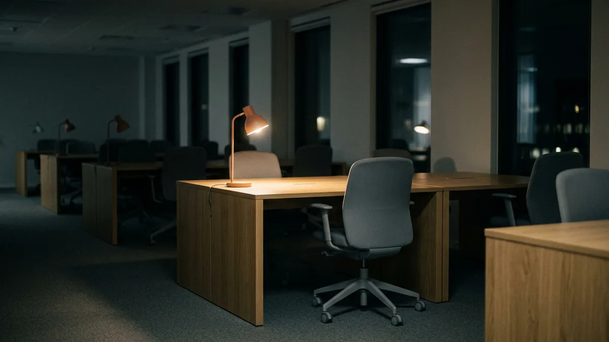 A single orange desk lamp lit over an empty desk in a dark private credit office after hours