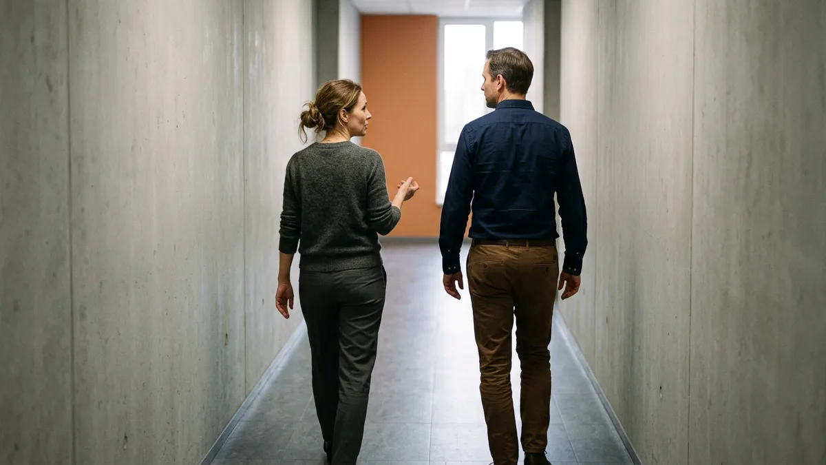 Two private credit operations colleagues walking down an office corridor discussing a late compliance certificate