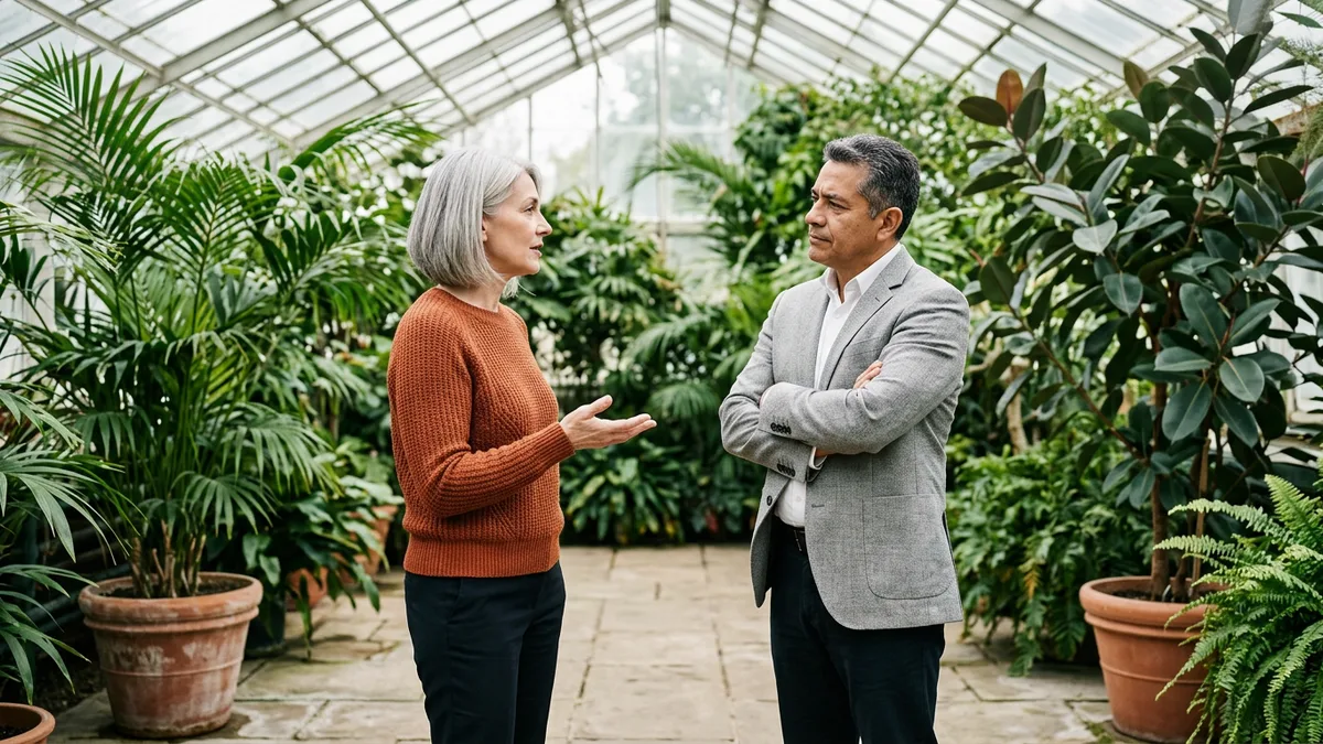 Marketing leader explaining a one-page positioning answer to a skeptical finance executive in an office greenhouse