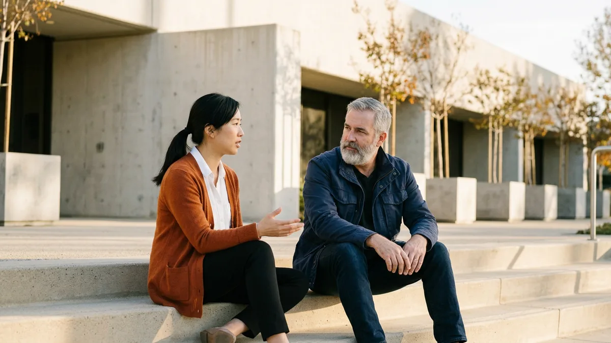 Two marketing colleagues seated on outdoor office steps discussing which product launch claims they can prove