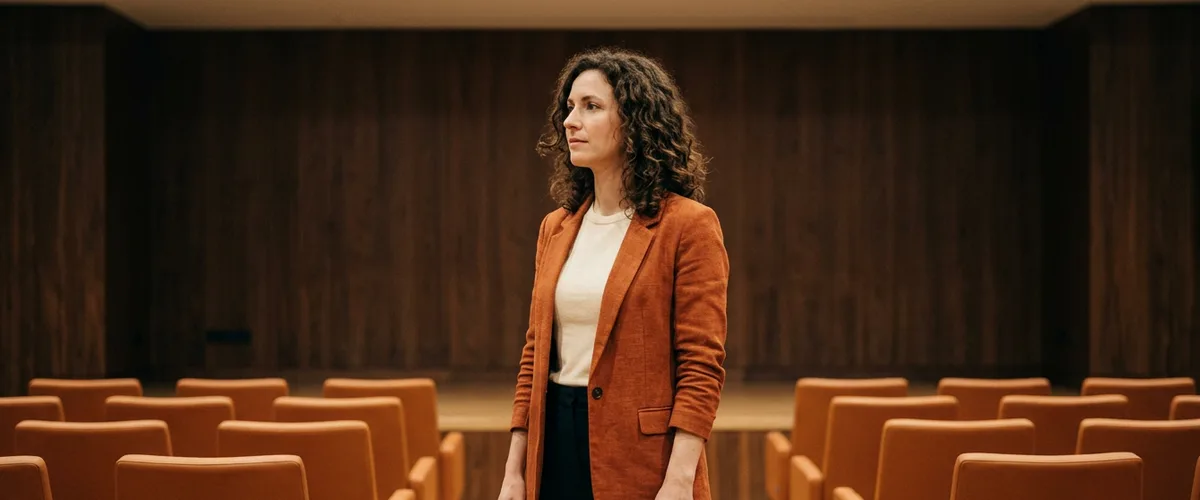 Product marketing leader standing among empty orange seats before a product launch event