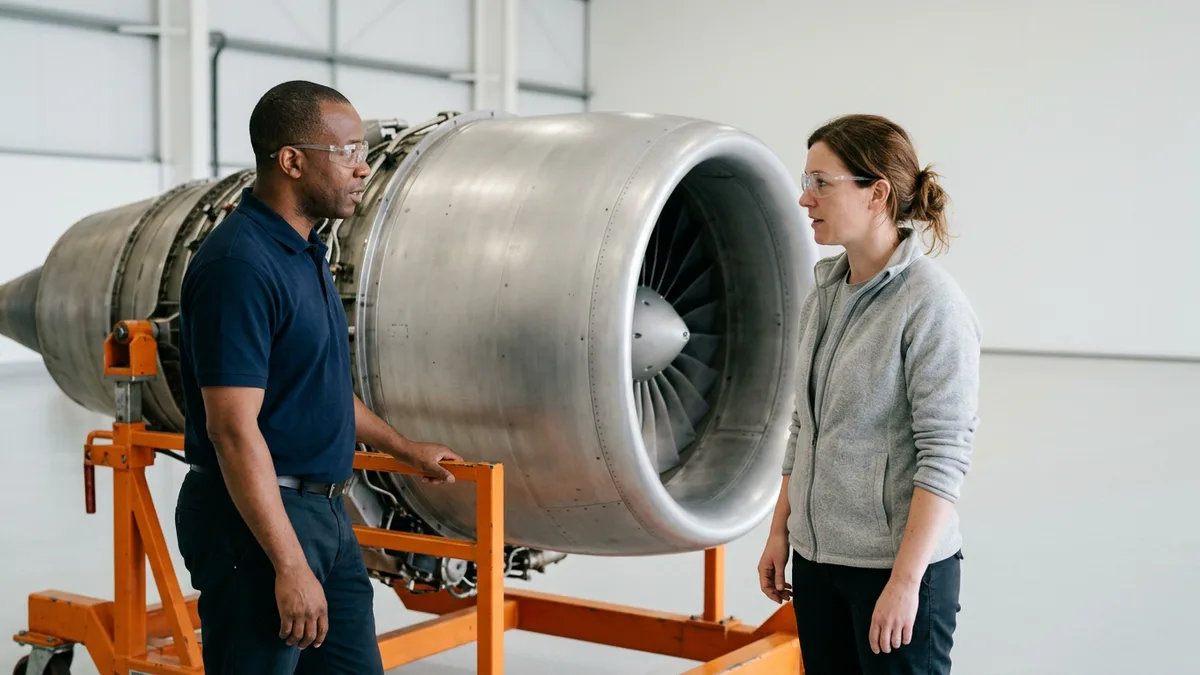 Two program managers in safety glasses talking beside a turbofan aircraft engine on an orange stand in a hangar