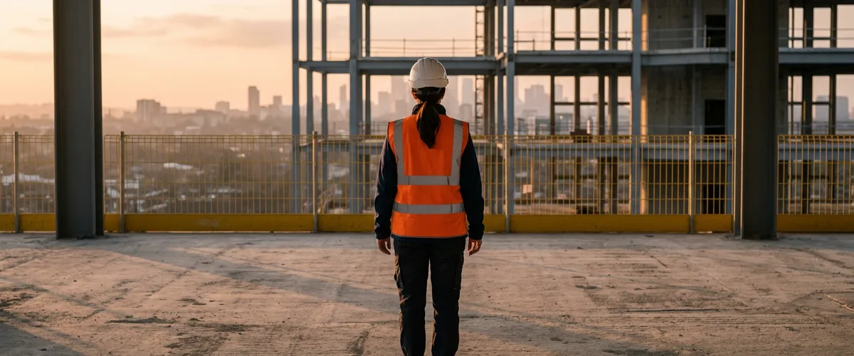 Construction project manager in a hard hat and orange safety vest looking out from a concrete floor deck at a steel building frame at dusk