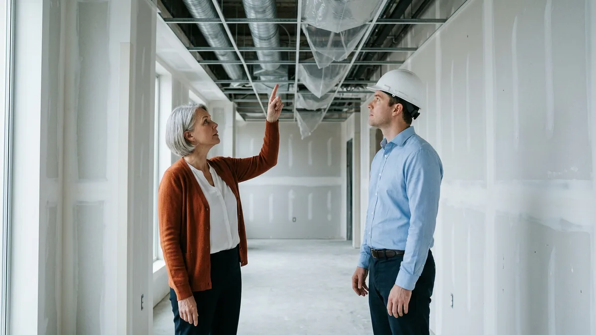 Hospital project lead pointing out ductwork to a colleague in a hard hat inside a wing under renovation