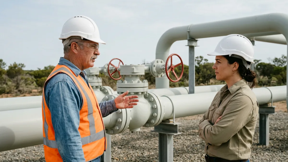 Two project managers in hard hats discussing pipework at an outdoor natural gas compressor station