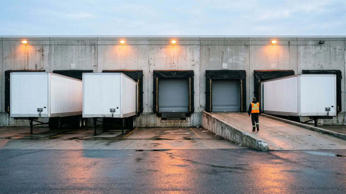 Freight loading dock at dawn with plain trailers backed in, the kind of operation a Python load-board application runs behind