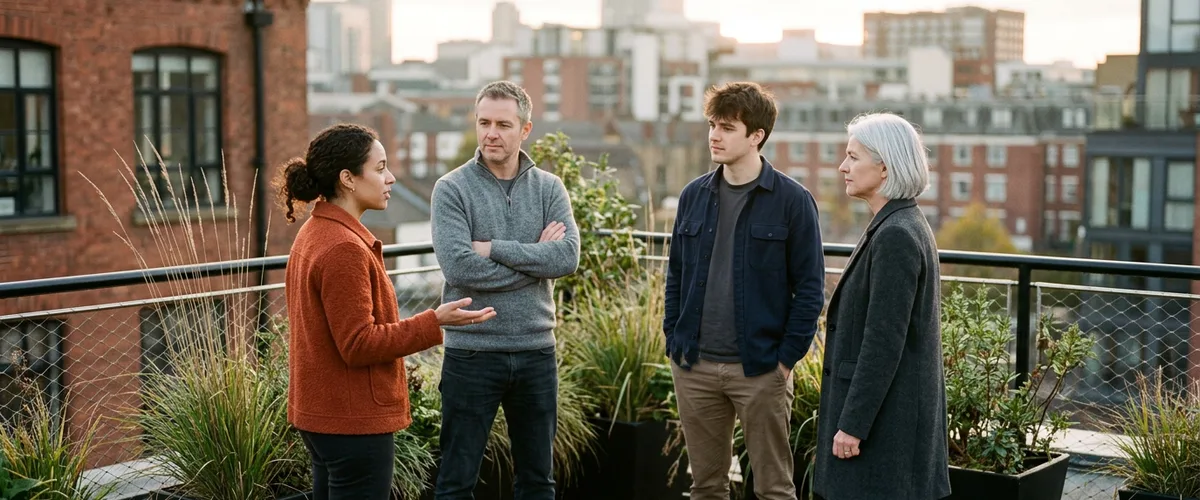 Four software engineers talking on a brick warehouse rooftop terrace, one explaining the scope of a Python developer role